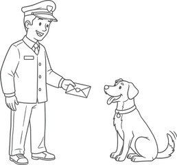 Friendly Postman Delivering Mail to a Happy Dog Line Art Vector Illustration