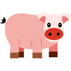 Pink Farm Pig Standing Facing Forward With Brown Hooves and Red Snout On Transparent Background