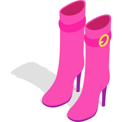 Pink Leather High Heel Boots with Yellow Buckle Detail and Purple Soles Isolated on White Background Isometric Style