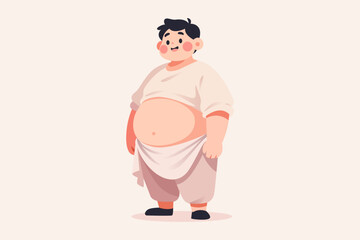 Cartoon illustration of a chubby man with a large belly, wearing loose clothing, standing against a light background.