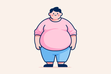 Cartoon illustration of an overweight man standing, wearing a pink shirt and blue shorts.