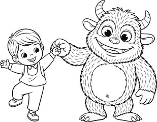 Happy Boy Holding Hand with Friendly Cartoon Monster Line Art Coloring Page