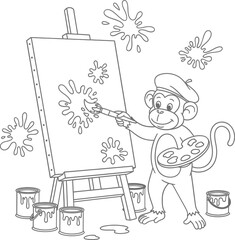 Cute Monkey Artist Painting on Easel Outline for Kids Coloring Page and Creative Activities