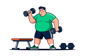 Overweight man in green shirt lifting dumbbells, working out near a bench.