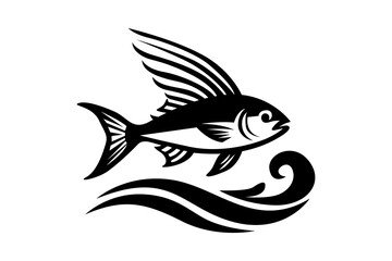 A stylized black and white illustration of a flying fish leaping over waves.