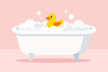 Cartoon illustration of a white bathtub filled with bubbles and a yellow rubber duck.