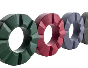 An assortment of colored industrial donut-shaped components in a close-up shot