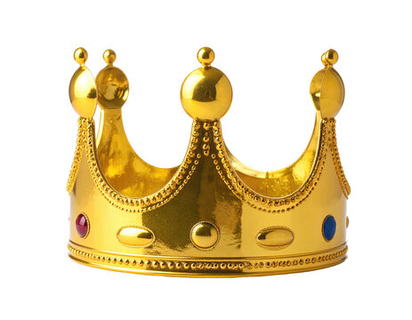 A highly detailed, shiny, golden crown with jewels set against a transparent background