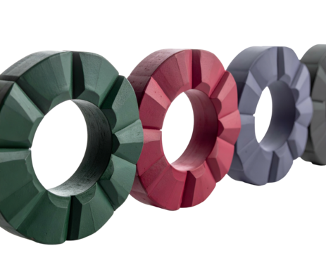 An assortment of colored industrial donut-shaped components in a close-up shot