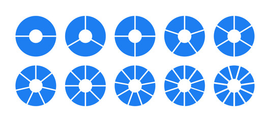 Divided blue rounded diagrams with two, three, four, five, six, seven, eight, nine, ten, eleven segments. Set of infographic wheel division on from 2 to 11 equal parts. Coaching circle blank template.