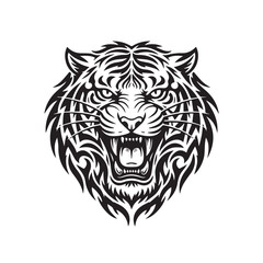 Detailed black and white illustration of a fierce tiger s head design
