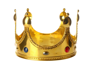 A golden, jeweled crown, featuring curved design and circular embellishments, against a black background
