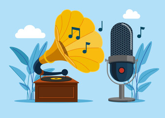 Gramophone and studio microphone. Listens to classical music. Enjoys audio records on vintage LP. Vector flat illustration