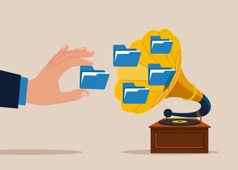 Folders out of the gramophone. Attracting attention. Organizing file and document. Vector flat illustration.