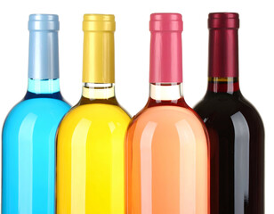 Four vibrant wine bottles with colorful foil tops, various hues, isolated on black background