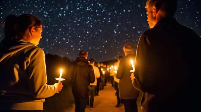 Nighttime candlelit gathering under starry sky: a peaceful procession in motion. 4k Video footage