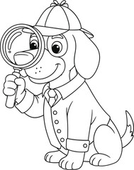 Cute Cartoon Dog Detective Coloring Page Holding Magnifying Glass Wearing Deerstalker Hat and Coat Line Art Illustration