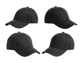 Four perspectives of a black baseball cap, isolated on a transparent background