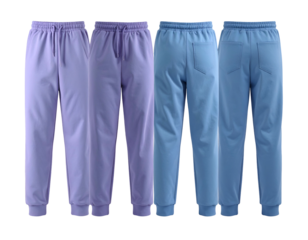 Four pairs of sweatpants in two pastel colors, front and back, on a black background