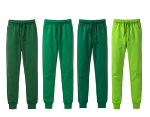 Four solid-colored, drawstring joggers in different shades of green for casual wear