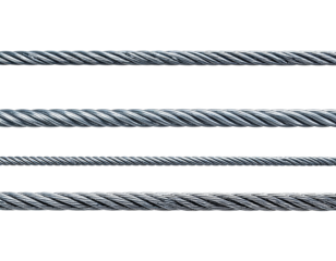 A close-up on five parallel steel cables, each with a different thickness and a black background