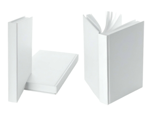 Three pristine white hardcover books displayed in different orientations, isolated on black