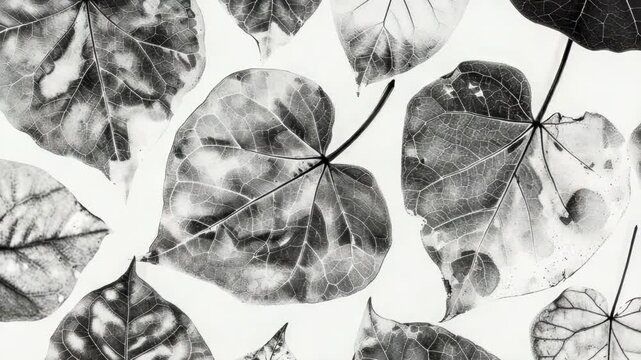 A bundle of leaves photographed in black and white, highlighting the texture and shape of the foliage