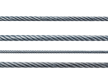A close-up on five parallel steel cables, each with a different thickness and a black background