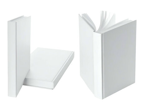Three pristine white hardcover books displayed in different orientations, isolated on black