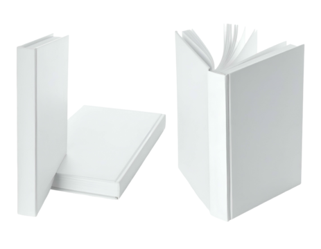 Three pristine white hardcover books displayed in different orientations, isolated on black