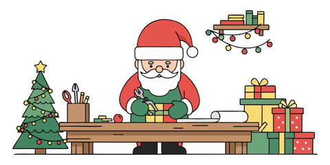 Delightful Santa Claus wrapping Christmas gifts with care in his workshop, surrounded by festive decorations and a charming holiday atmosphere, perfect for seasonal campaigns