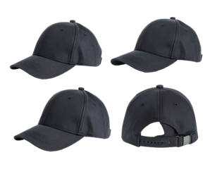 Four-view composite of a solid, dark-colored, fabric hat with a curved brim
