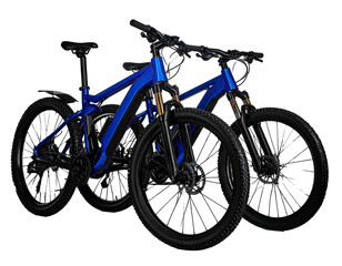 Two modern, electric mountain bikes with blue frames set against a pure black background
