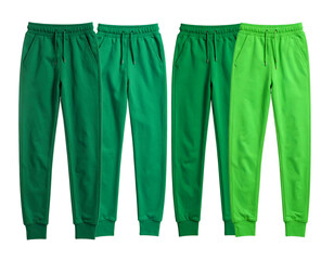 Four pairs of solid green sweatpants stand upright, in various shades against a black backdrop