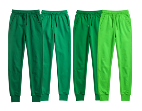 Four pairs of solid green sweatpants stand upright, in various shades against a black backdrop