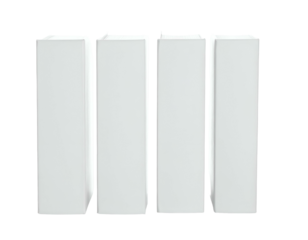 Four upright, white rectangular shapes, possibly building columns or product packaging, on black background