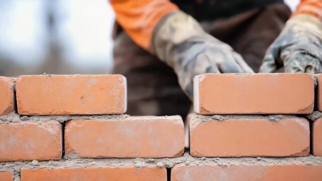Building a solid wall with stacked bricks in construction