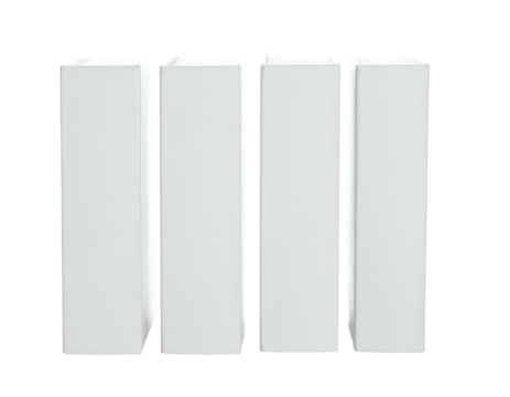 Four upright, white rectangular shapes, possibly building columns or product packaging, on black background
