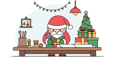 Santa Claus diligently crafting presents at his workshop desk surrounded by Christmas gifts and a festive tree, ready for holiday magic