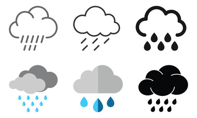 Set of six rainy weather icons featuring varied cloud and raindrop styles in black, grey, and blue on white background for forecast design