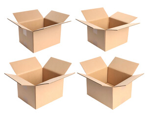 Four open rectangular cardboard boxes against a transparent background