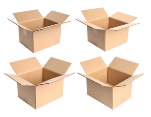 Four open rectangular cardboard boxes against a transparent background