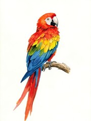 Fototapeta premium Vibrant Scarlet Macaw Watercolor Illustration Perched on Branch Isolated on WhiteDESCRIPTION: A magnificent and detailed vertical watercolor painting of a Scarlet Macaw. The illustration showcases t