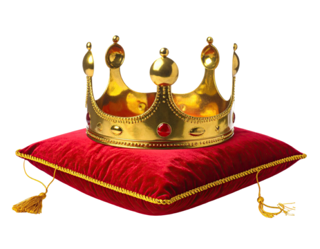 A regal golden crown rests upon a plush, scarlet pillow with gold tassels - Powered by Adobe