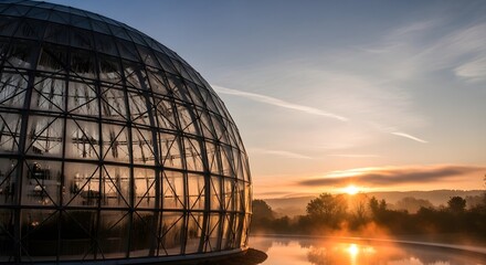 Obraz premium Sunrise over the botanical garden with glass dome and water reflection, creating a peaceful atmosphere