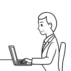 真剣な表情のシニア男性 パソコン作業中（線画のみ・横向き）