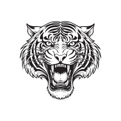 Detailed black and white illustration of a roaring tiger s face closeup