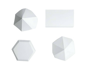 Four white, geometrical shapes of different forms against a transparent, black background