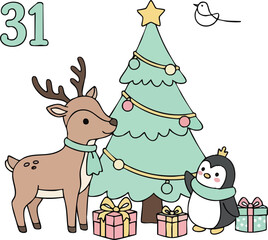 Naklejka premium Festive Christmas Scene with Reindeer Penguin Tree and Gifts.