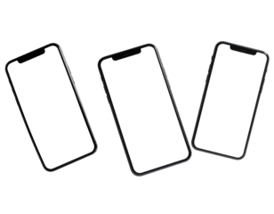 Three smartphones with dark screens arranged diagonally on a pitch-black background
